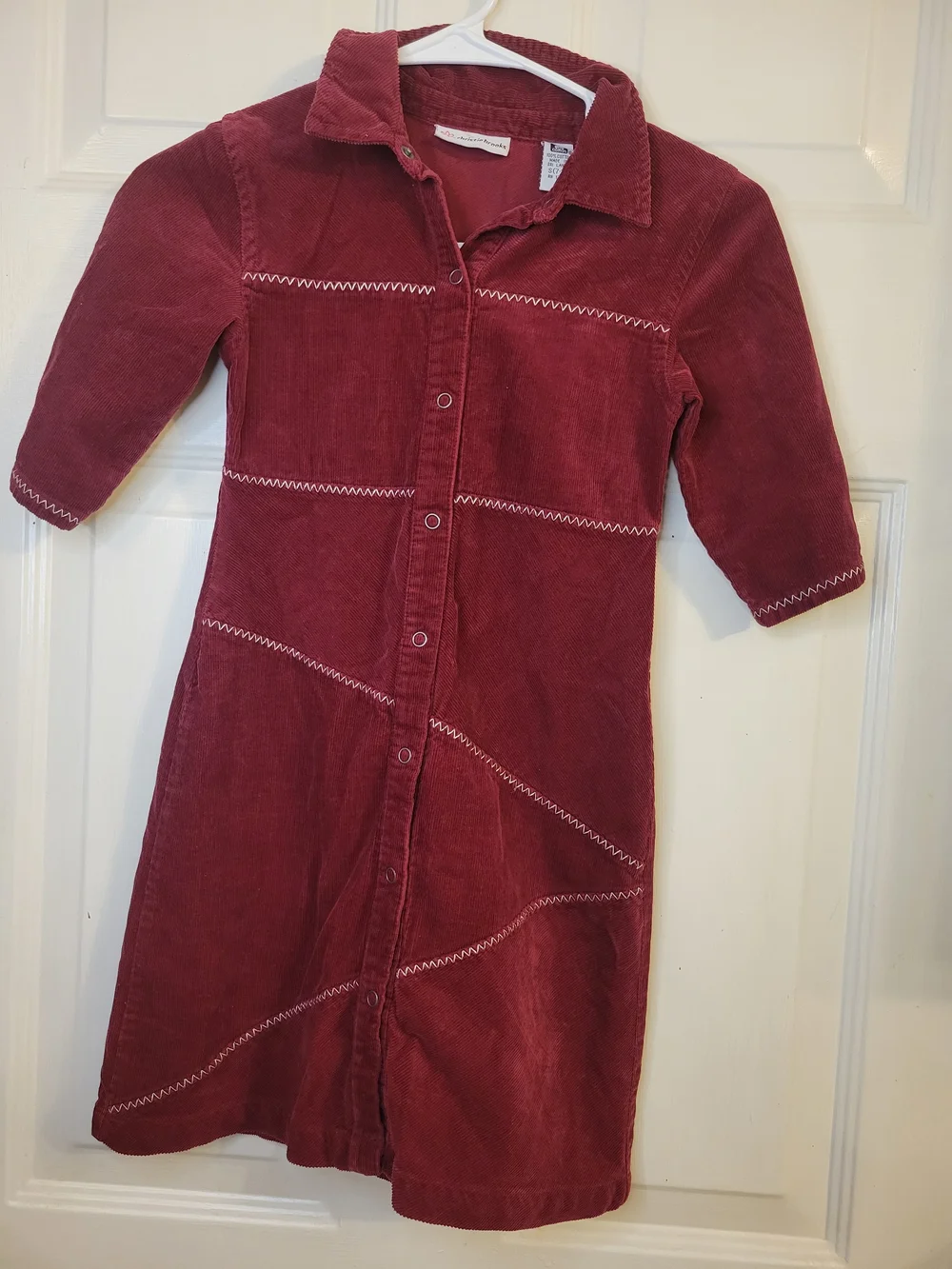 Vintage Christie Brooks Red Corduroy Button-Front Dress with Zigzag Stitching.